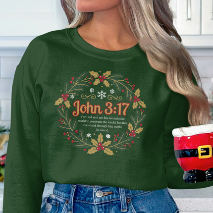 Festive Green Sweater with John 3:17 Christmas Design
