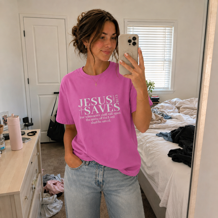 Jesus Saves Romans 10:13 T-Shirt | KJV Christian Witness Tee