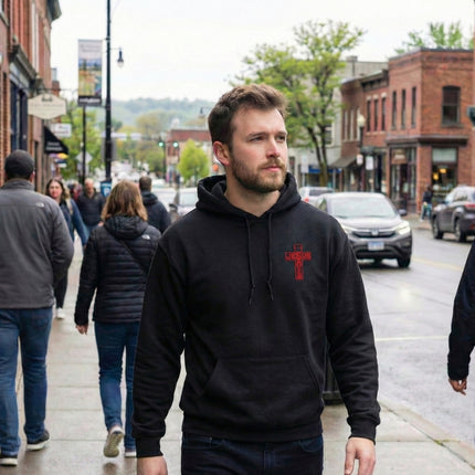 Man wearing a black hoodie with a red logo walking on a city street.