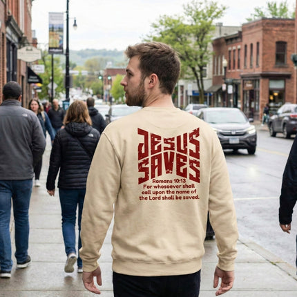 Man wearing a beige sweatshirt with 'Jesus Saves' text on the back, walking down a city street.