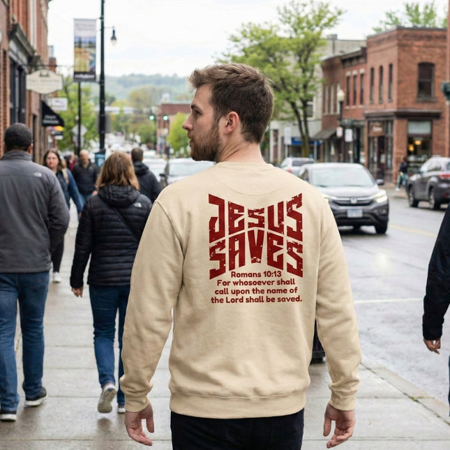 Man wearing a beige sweatshirt with 'Jesus Saves' text on the back, walking down a city street.
