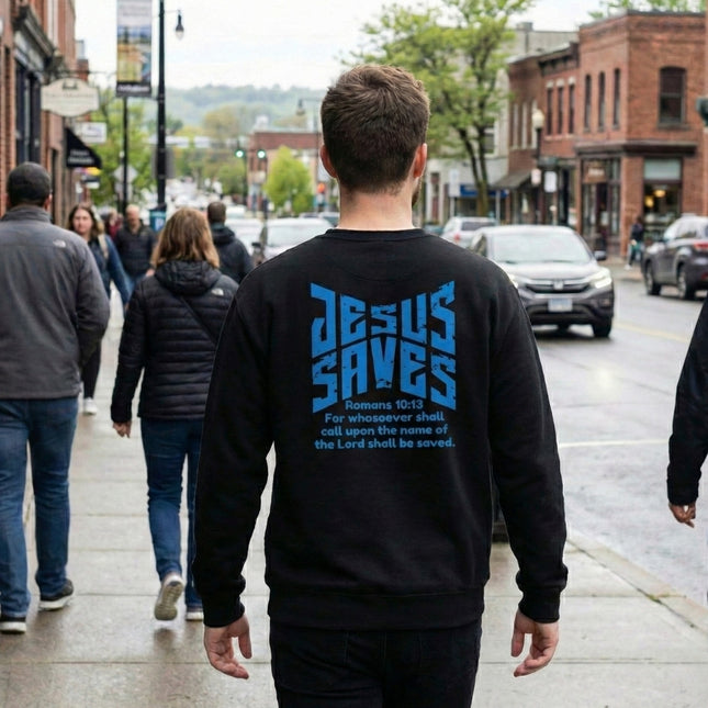 Person wearing a black sweatshirt with 'Jesus Saves' text on the back, walking down a city street.