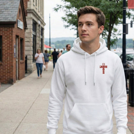 Person wearing a white hoodie with a red logo on a city street