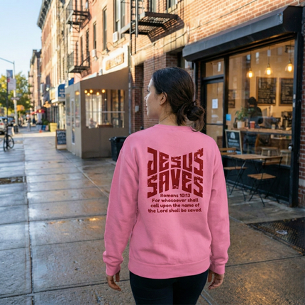 Person wearing a pink sweatshirt with 'Jesus Saves' text on a city street.