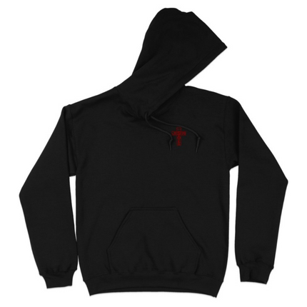 Black hoodie with a red logo on a white background