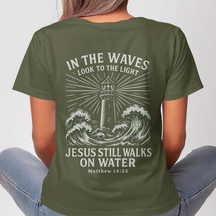 In The Waves Look To The Light - Matthew 14:25 Christian T-Shirt