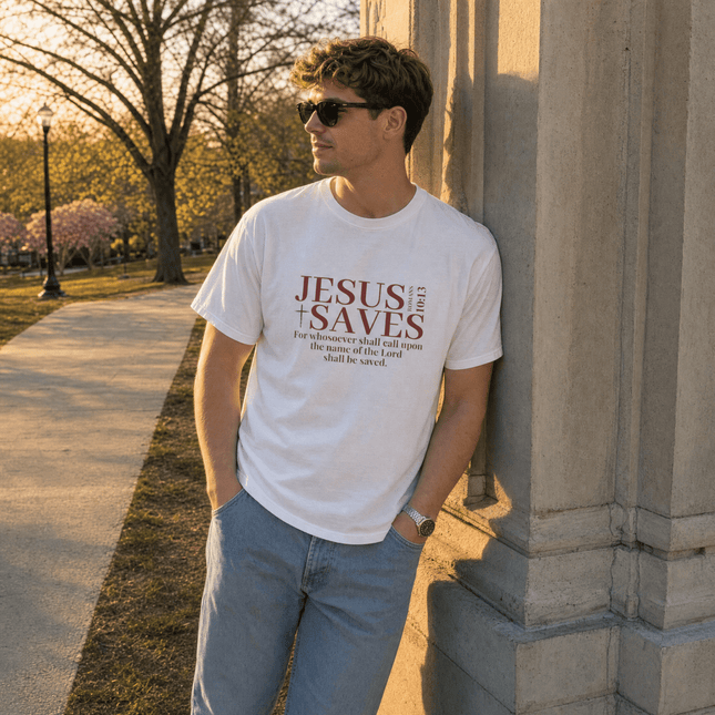 Jesus Saves Romans 10:13 T-Shirt | KJV Christian Witness Tee - PURIFASHION T-Shirt 32595842819899924653