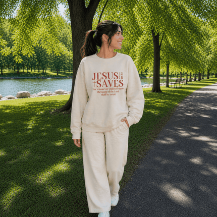 Jesus Saves Sweatshirt — Romans 10:13 Christian Crewneck for Women - PURIFASHION Sweatshirt 19173250593304268442