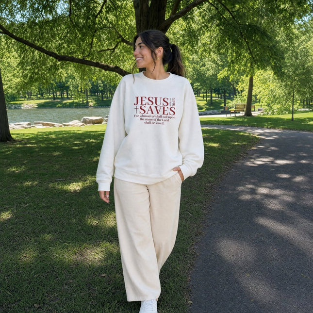 Jesus Saves Sweatshirt — Romans 10:13 Christian Crewneck for Women - PURIFASHION Sweatshirt 18353682715449248266