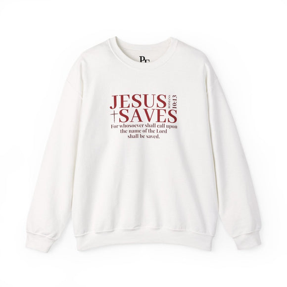 Jesus Saves Sweatshirt — Romans 10:13 Christian Crewneck for Women - PURIFASHION Sweatshirt 18353682715449248266