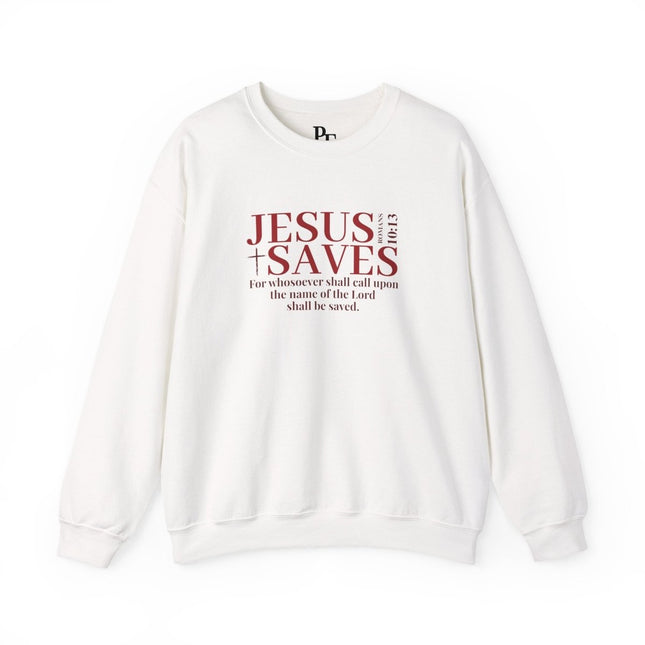 Jesus Saves Sweatshirt — Romans 10:13 Christian Crewneck for Women - PURIFASHION Sweatshirt 18353682715449248266